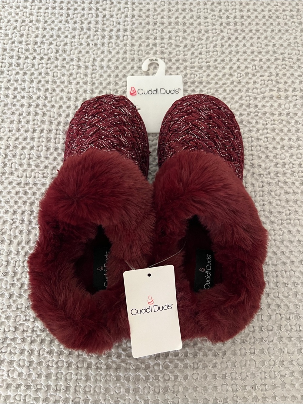 Cuddl Duds Women's Burgundy Plush Pom Slip-On Slippers